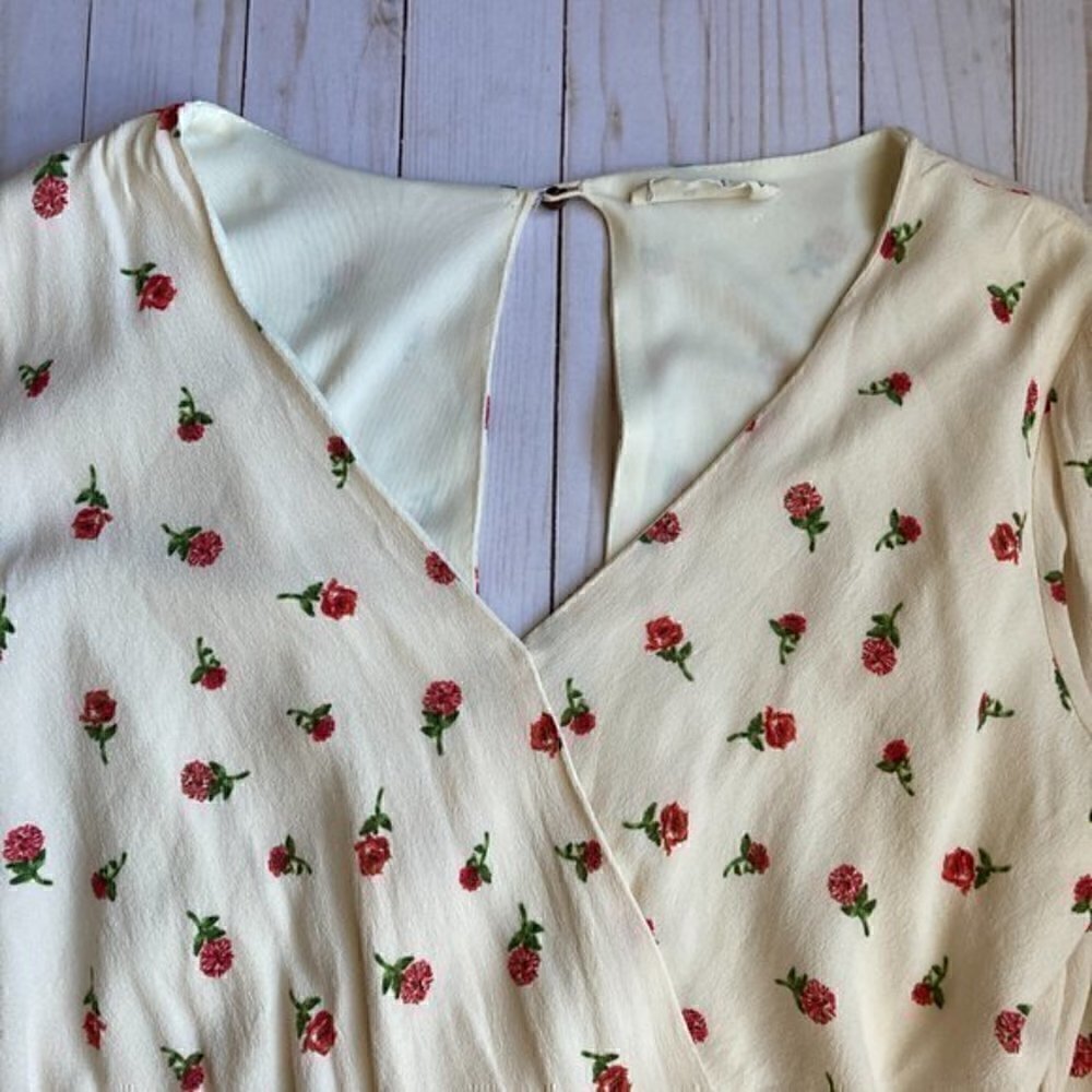 Molly Green Rose Print Floral Ruffle Cream 3/4 Sleeve Romper Sz L - Picture 7 of 9